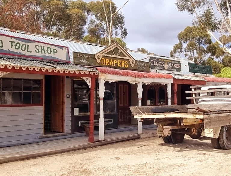 Vintage shops and an old flatbed truck at Old Tailem Town.