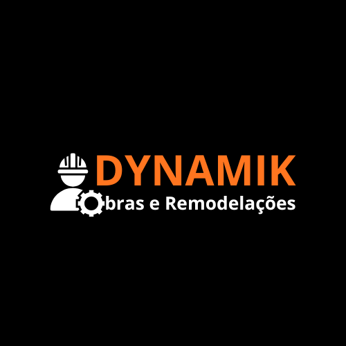 Dynamik Obras e Remodelações logo featuring a construction worker icon and gear on a black background.