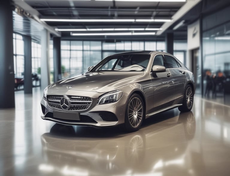 A sleek black luxury car illuminated by vivid yellow neon lights in a modern showroom.