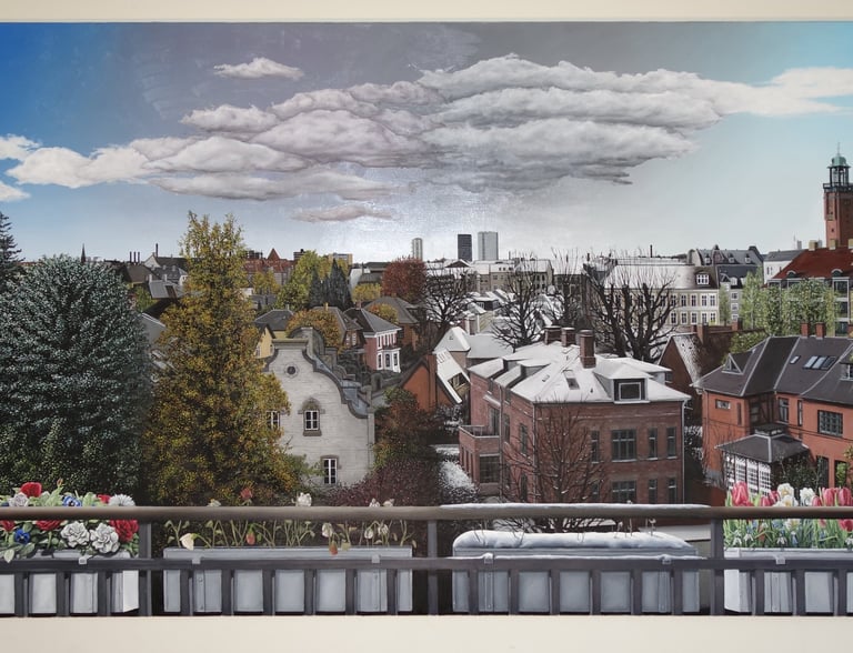 Panoramic cityscape oil painting of a European town with rooftop gardens and fluffy clouds.