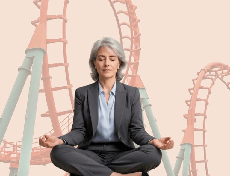 Woman meditating calmly in front of a looming rollercoaster