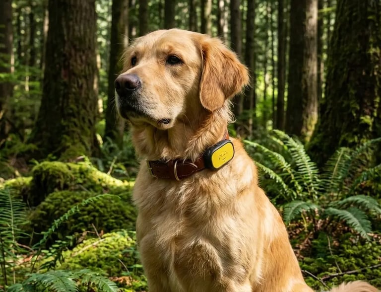 Dog wearing GPS tracker in forest