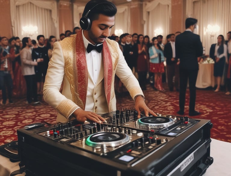 A black and white image depicts a DJ with headphones playing music on turntables in a dimly lit club. There is a crowd of people dancing and socializing in the background, highlighting a lively atmosphere. The setting is industrial, with exposed beams and pipes on the ceiling.