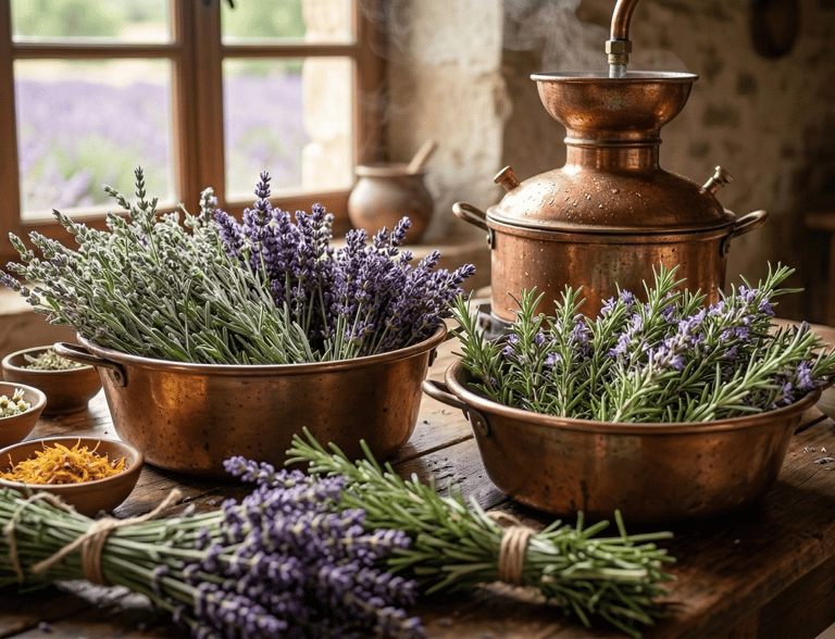 Selección artesanal de lavanda y romero frescos en recipientes de cobre listos para la destilación 
