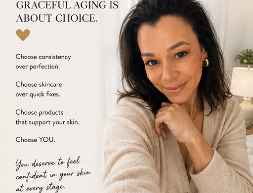 A smiling woman with glowing skin promoting graceful aging and skincare consistency.