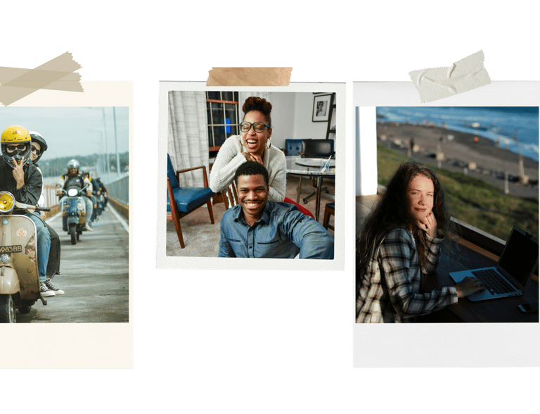 Photo collage of diverse people enjoying life, including friends, family, travel, and remote work.