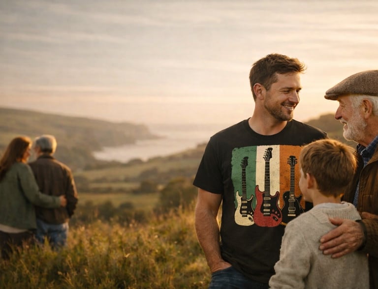 A happy multi-generational family enjoys a sunset view over a coastal valley landscape.