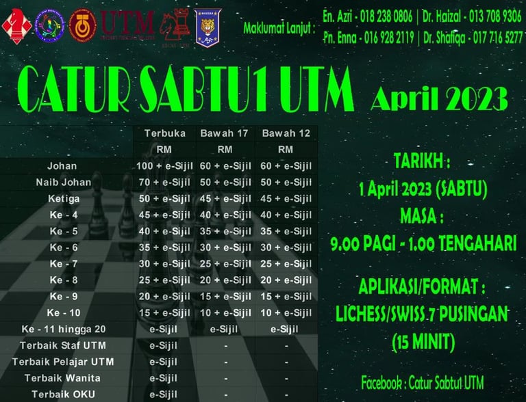 Catur Sabtu1 UTM April 2023. Online Chess Malaysia. UTM Chess Malaysia. Johor Chess.