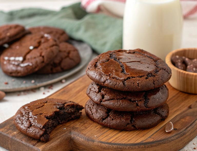 Chewy chocolate fudge cookies stacked on a plate