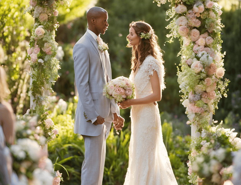 a bride and groom standing in front of a wedding ceremony theme Bridgerton