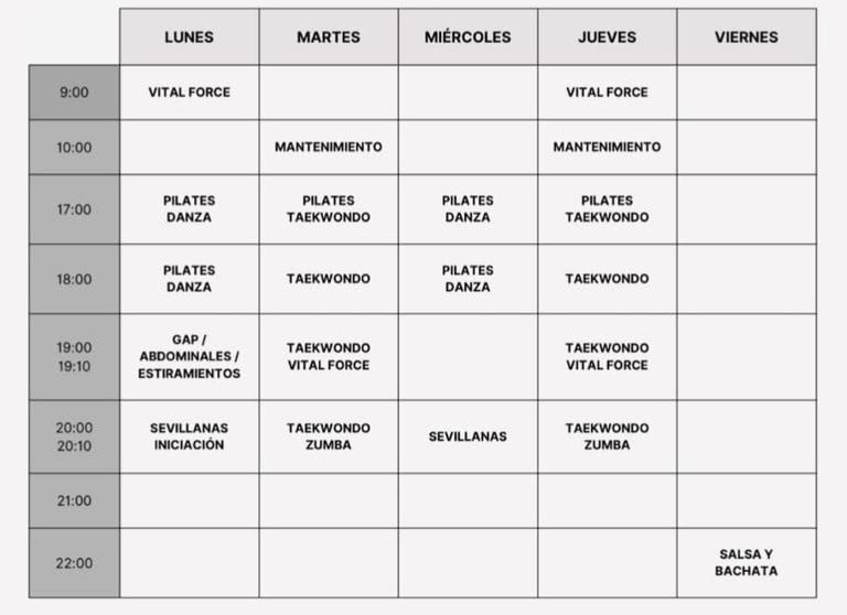horario clases Gimnasio Olimpo La Bañeza