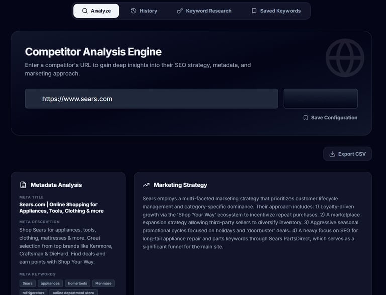 Screenshot of a SEO competitor analysis tool showing metadata and marketing strategy insights for Sears.