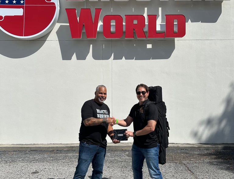 two men infant of shooters world shaking hands