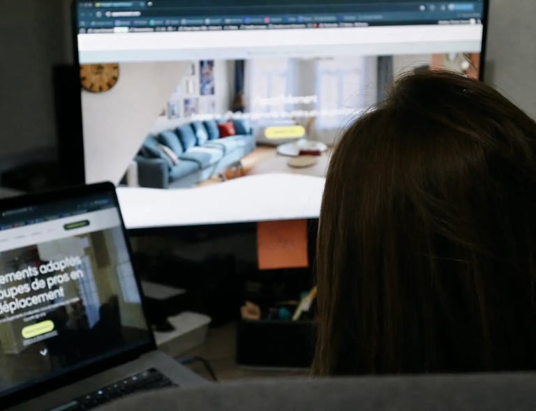 Collaborateur Apart’Moment gérant les réservations sur écran, hébergement professionnel