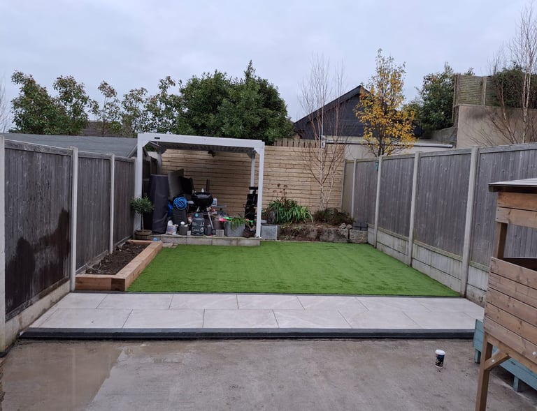 An after picture of the backyard patio completed by 4Greenfields Landscaping