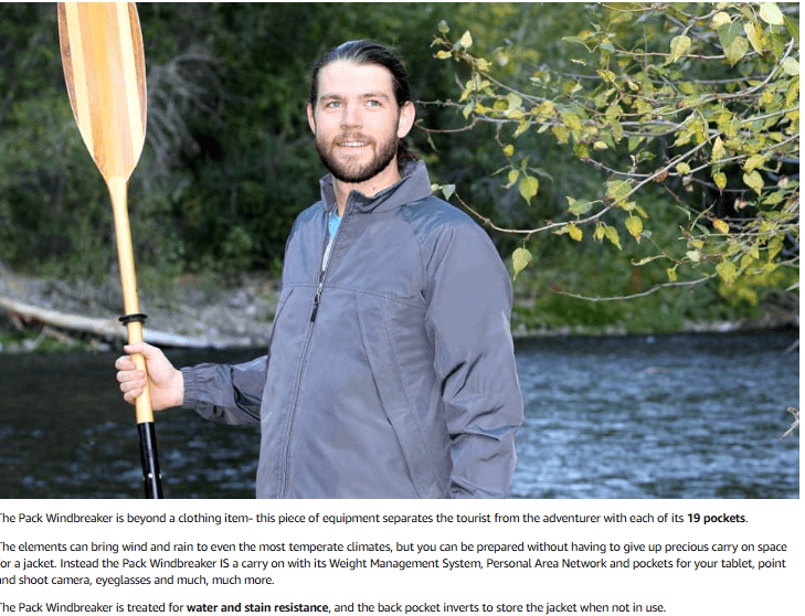 man wearing lightweight water repellent windbreaker with 19 pockets to protect you from the weather