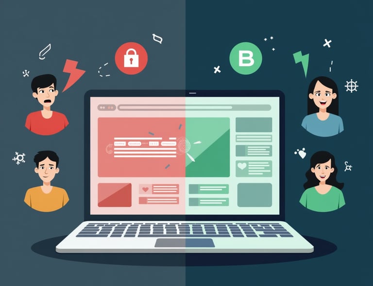 bir laptop bilgisayar, çevresinde mutlu ve üzgün insan yüzleri