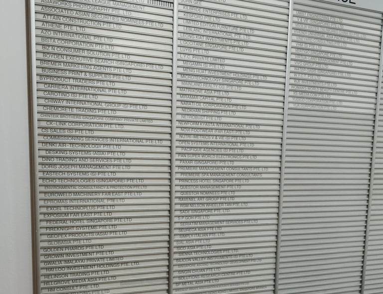 signboard with registered office names care of Questor Management Pte Ltd in Singapore