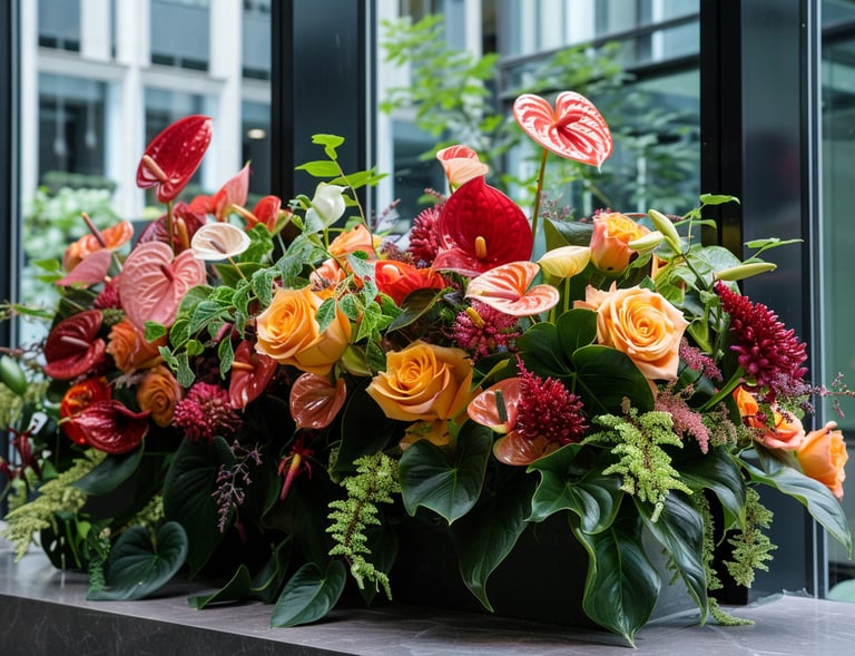 Elegant floral arrangement with red anthurium, orange roses, and green foliage in a modern indoor setting.