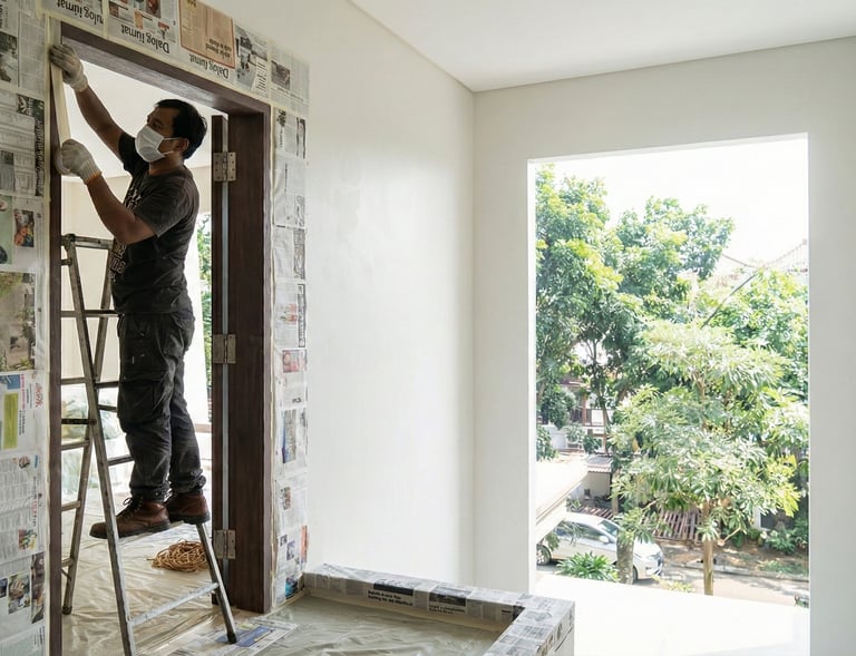 a man is painting a wall with newspaper paper
