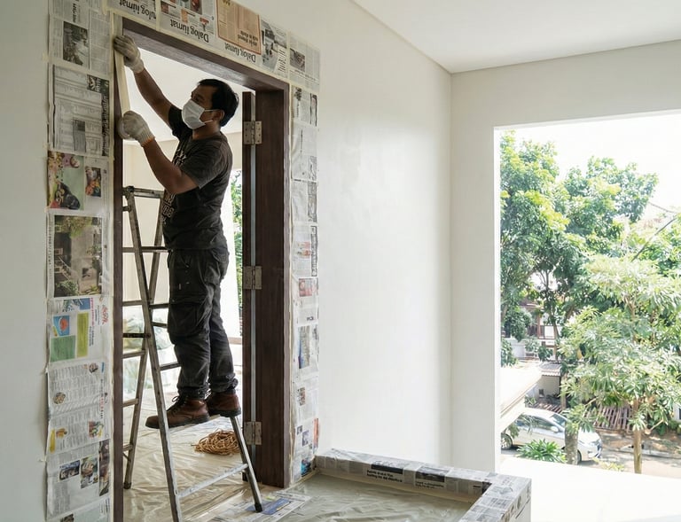 a man is painting a wall with newspaper paper