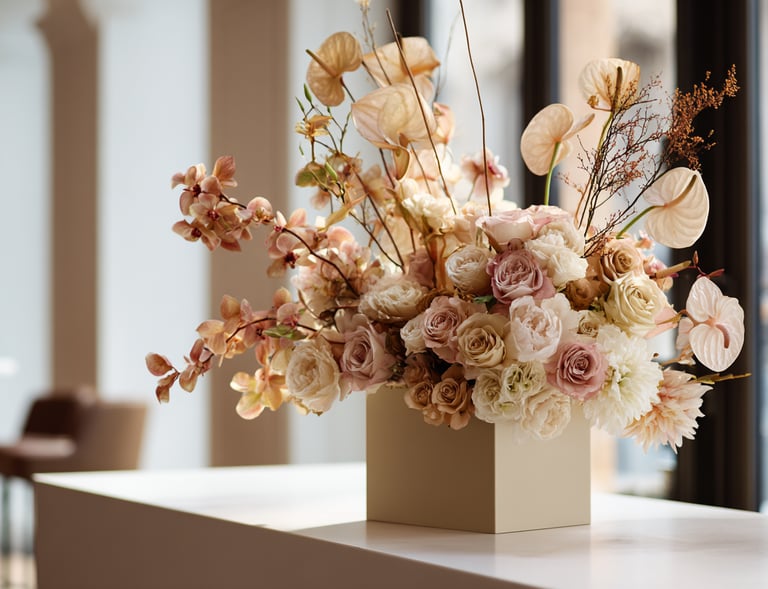 Elegant floral centerpiece with blush roses and orchids in a modern square vase on a marble table.