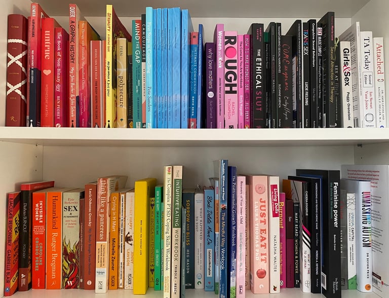 Munjeeta's bookshelf showing an array of sex and relationship related books arranged by colour.