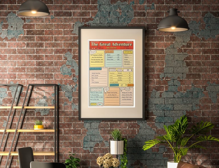 Comic book travel planner poster on the wall
