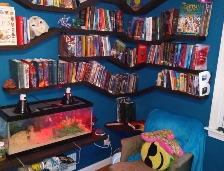 Floating shelves unit with multiple angles, filled with books