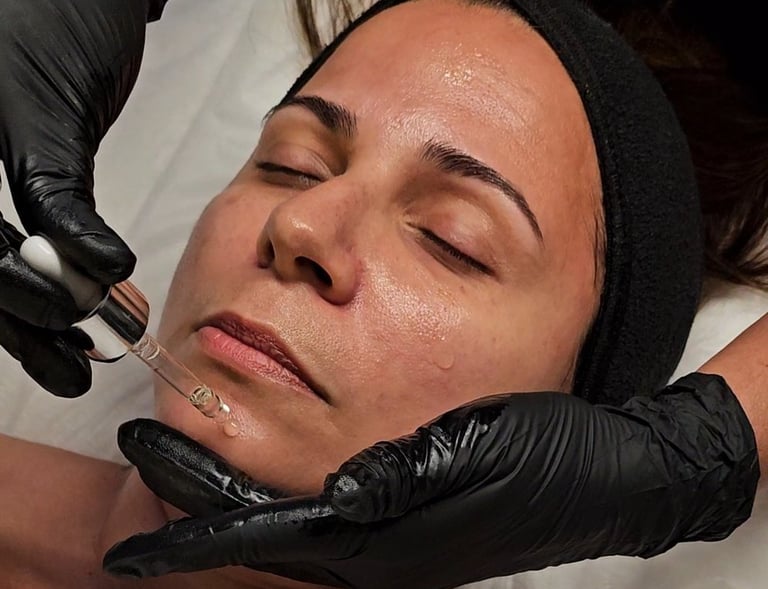 detalhe do rosto de uma mulher deitada em uma marquesa recebendo tratamento facial