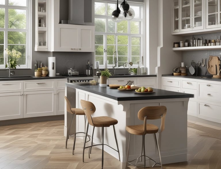 a kitchen with a large island and a bar stool