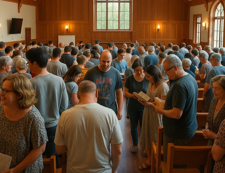 un groupe de personnes debout dans une église