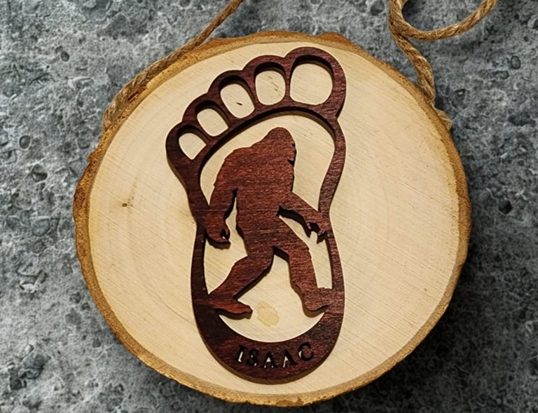 a wooden ornament with a bigfootfootfootfootfootfootfootfoot