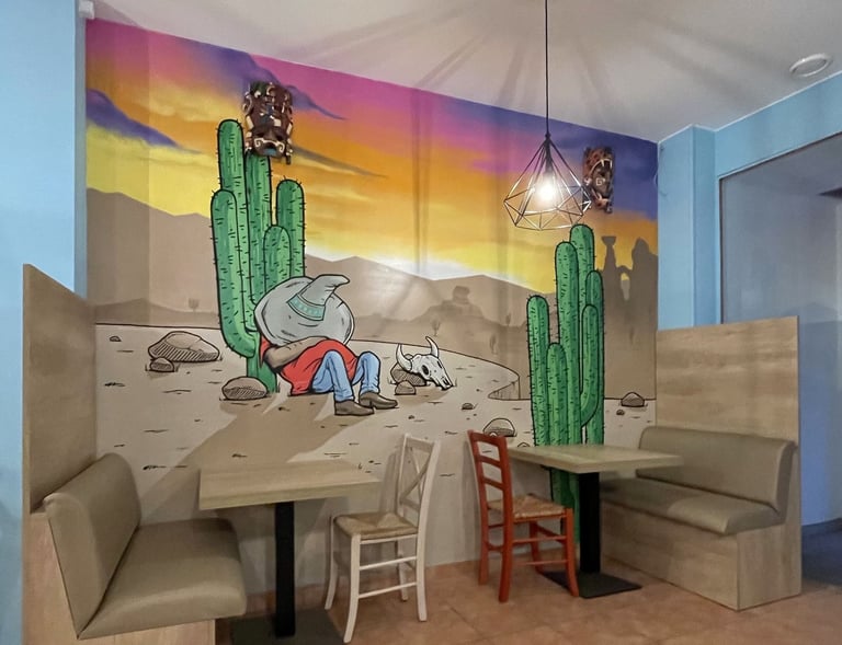 mural de un mexicano durmiendo en una pared de un restaurante mexicano