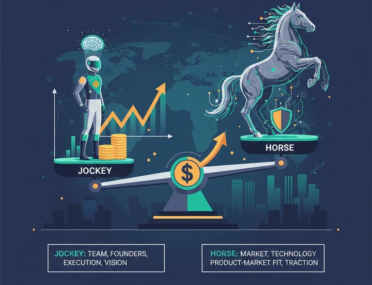 Conceptual illustration of the Jockey vs. Horse startup investment framework used by venture capital