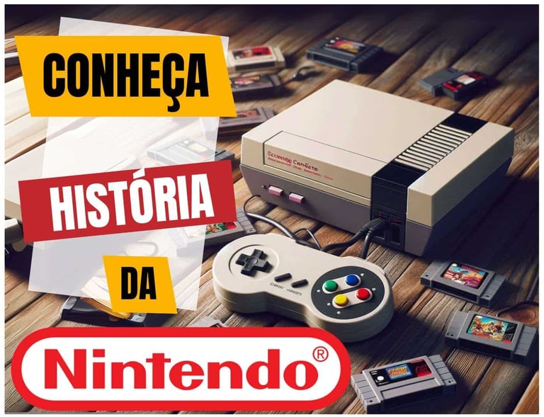 Conheça a História da Nintendo (console super Nintendo com controle e cartuchos na mesa)