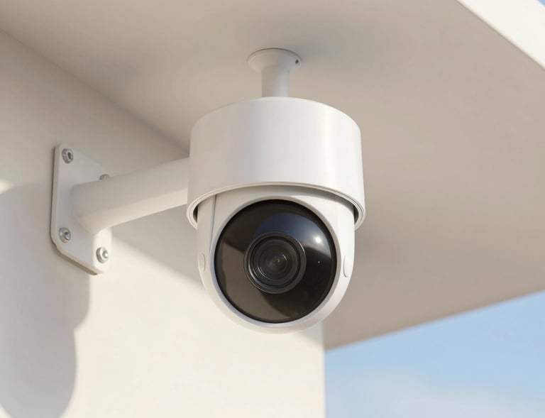 A sleek security camera mounted discreetly on a modern home exterior at dusk.