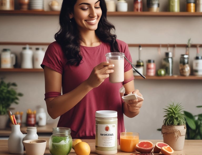 Fitness enthusiast adding a spoonful of ashwagandha powder into a smoothie at home.