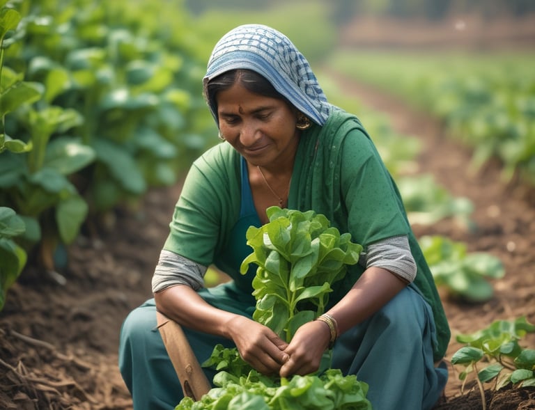 Sunlit farm fields in Andhra Pradesh with farmers carefully harvesting spinach leaves.