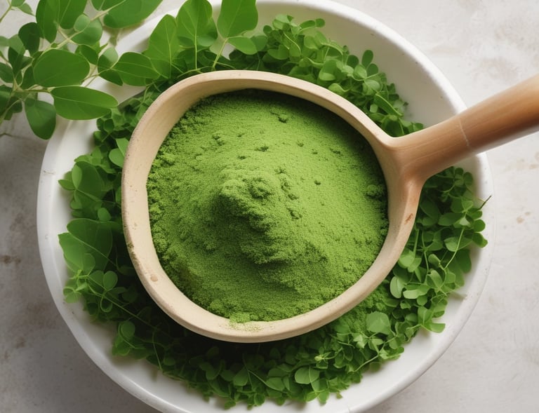 Close-up of vibrant moringa powder in a rustic wooden bowl surrounded by fresh moringa leaves.
