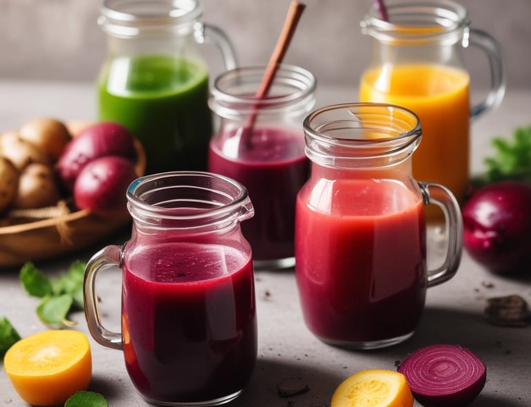 Colorful jars of beetroot, carrot, and amla powders neatly arranged on a wooden shelf.