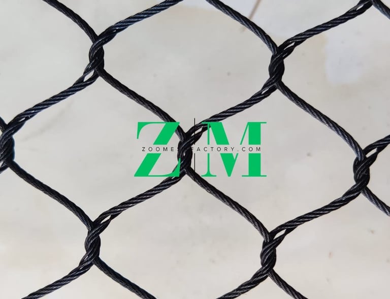 Durable black oxide stainless steel wire rope mesh for safety netting and architectural zoo enclosures.