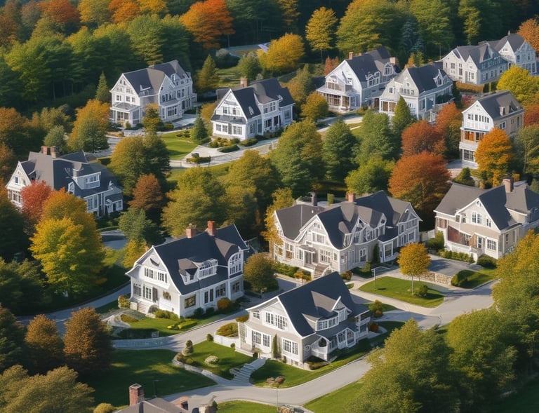 Stunning view of a Massachusetts neighborhood highlighting the charm and variety of local homes.