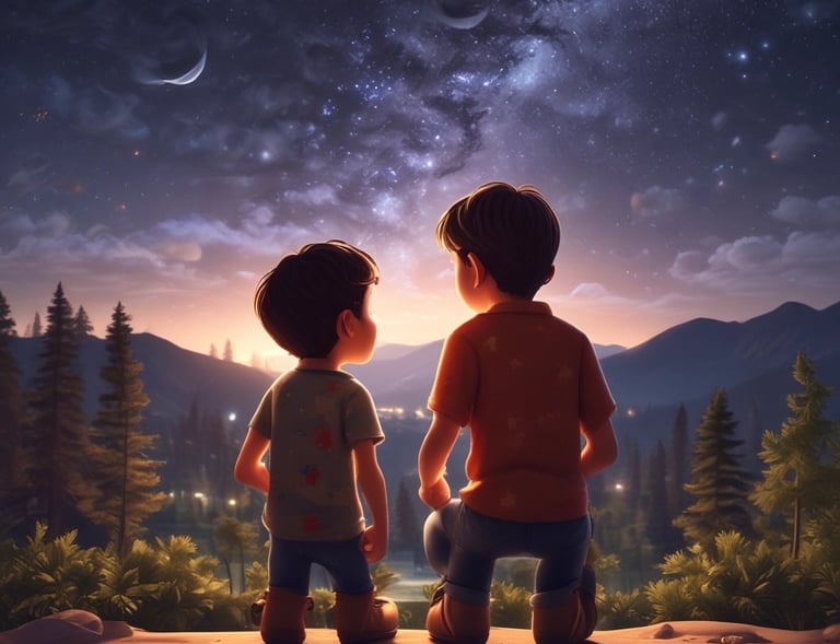 A young explorer gazing at magical creatures under a starlit sky.