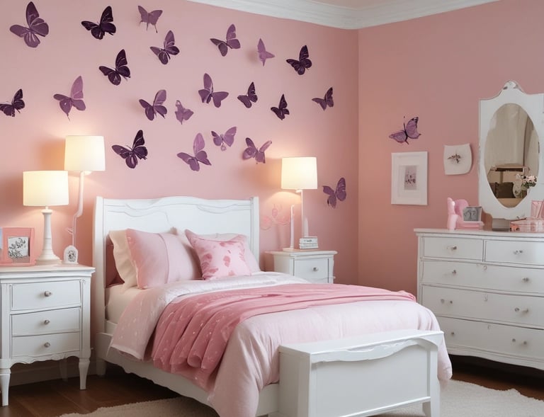 A child's bedroom wall with a whimsical decal of flying hot air balloons in pastel colors.