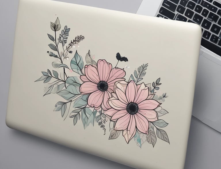 A sleek laptop covered with a minimalist black and white geometric decal.
