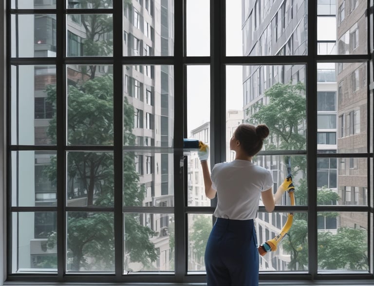 Window washing in progress showing spotless glass overlooking a cityscape.