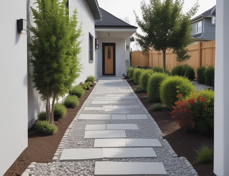 Tropical landscaping around a cozy stone pathway leading through a shaded garden retreat.