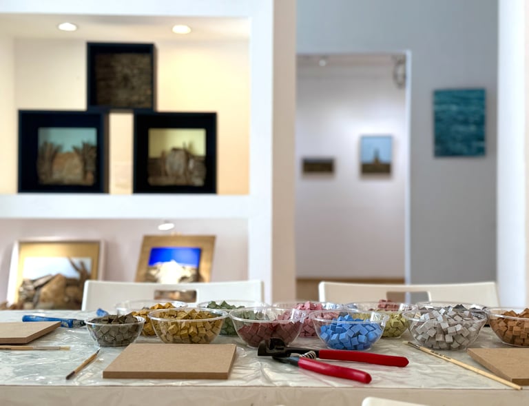 Mosaic workshop Set-up in an Art Gallery in Andros island Greece.