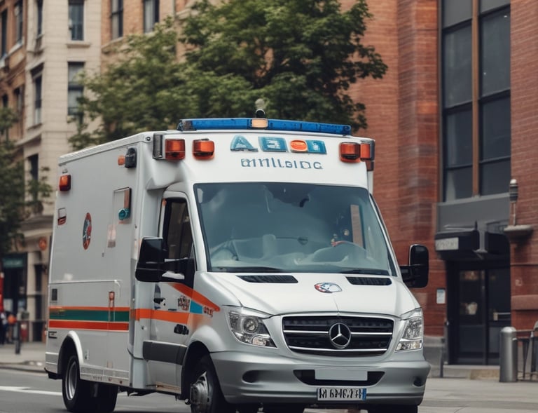 Ambulance parked outside a training facility with instructors preparing equipment.